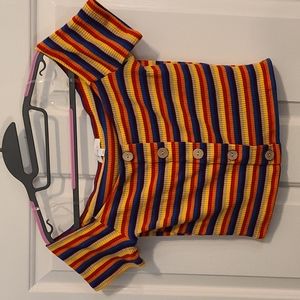 Like New Cute Striped Stretchy Faux Button Crop Top